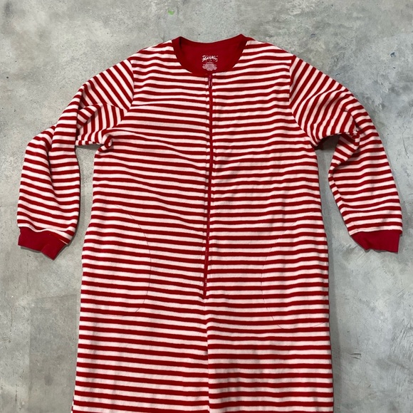 Nick & Nora One Piece Red White Stripe Sock Monkey Footed Pajamas Large - Picture 4 of 5